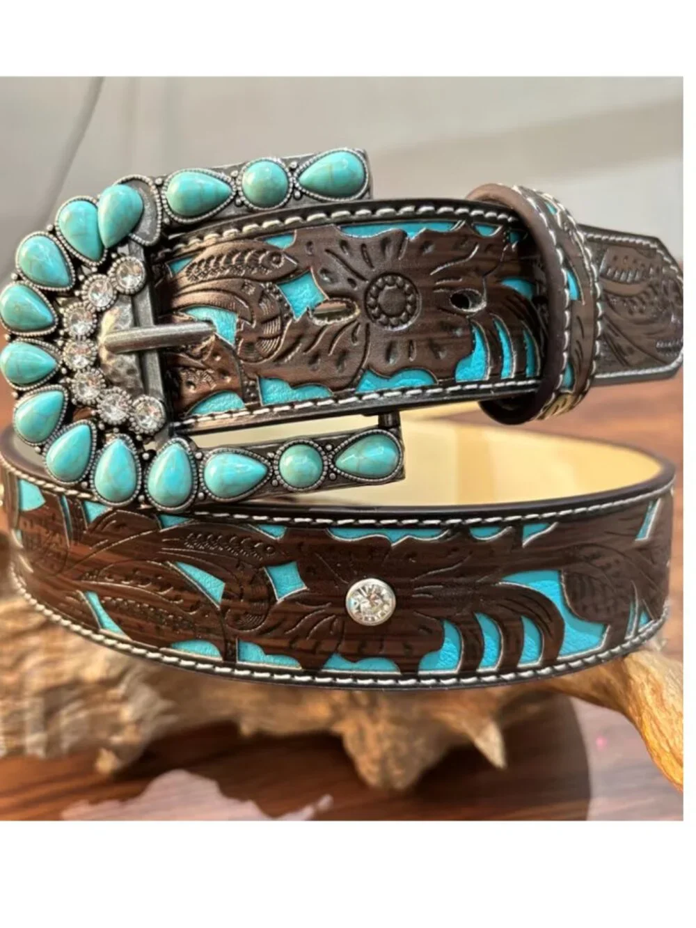 NWT Western Faux Leather Belt Faux Turquoise Floral Cowgirl Concho Bling 1XL